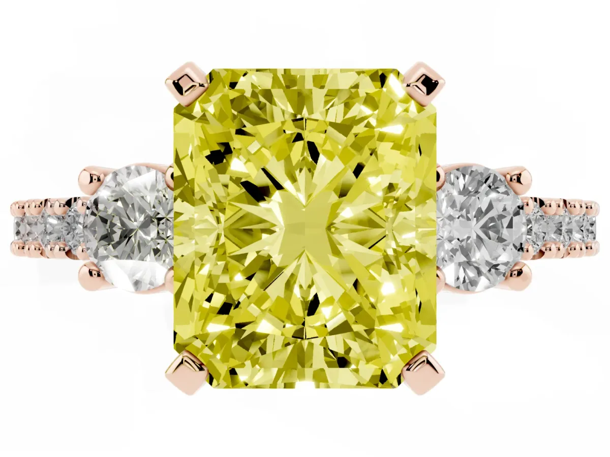 Fancy Yellow Radiant Cut Three-Stone Diamond Pavé Band with Prong Setting Rose gold