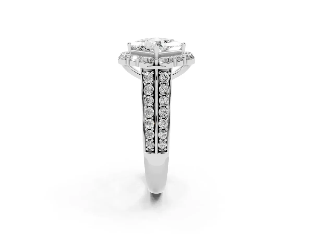 Princess Cut Halo Diamond Engagement Ring with Split Shank and Prong Setting Silver