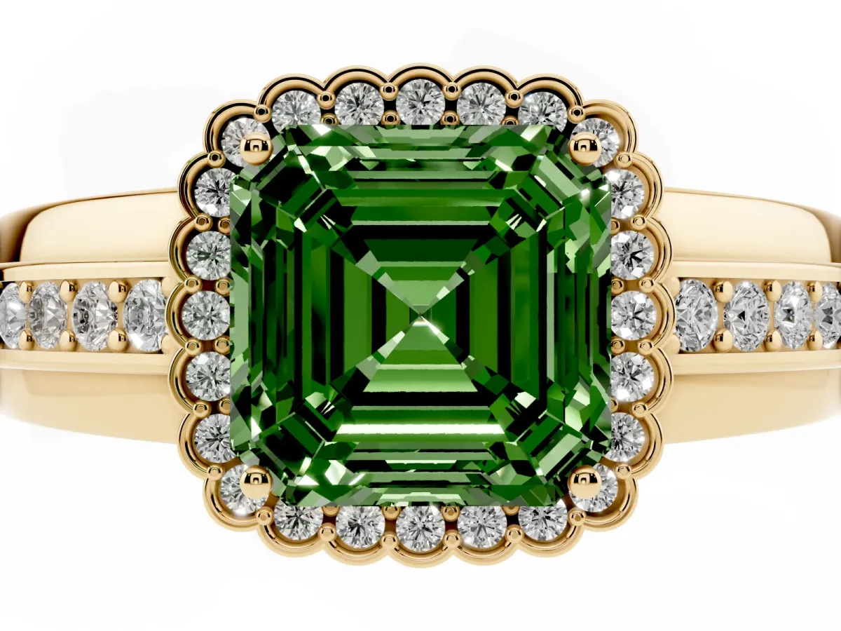 Fancy Green Asscher Cut Cut Halo Pave Band Four-Prong Ring Yellow gold