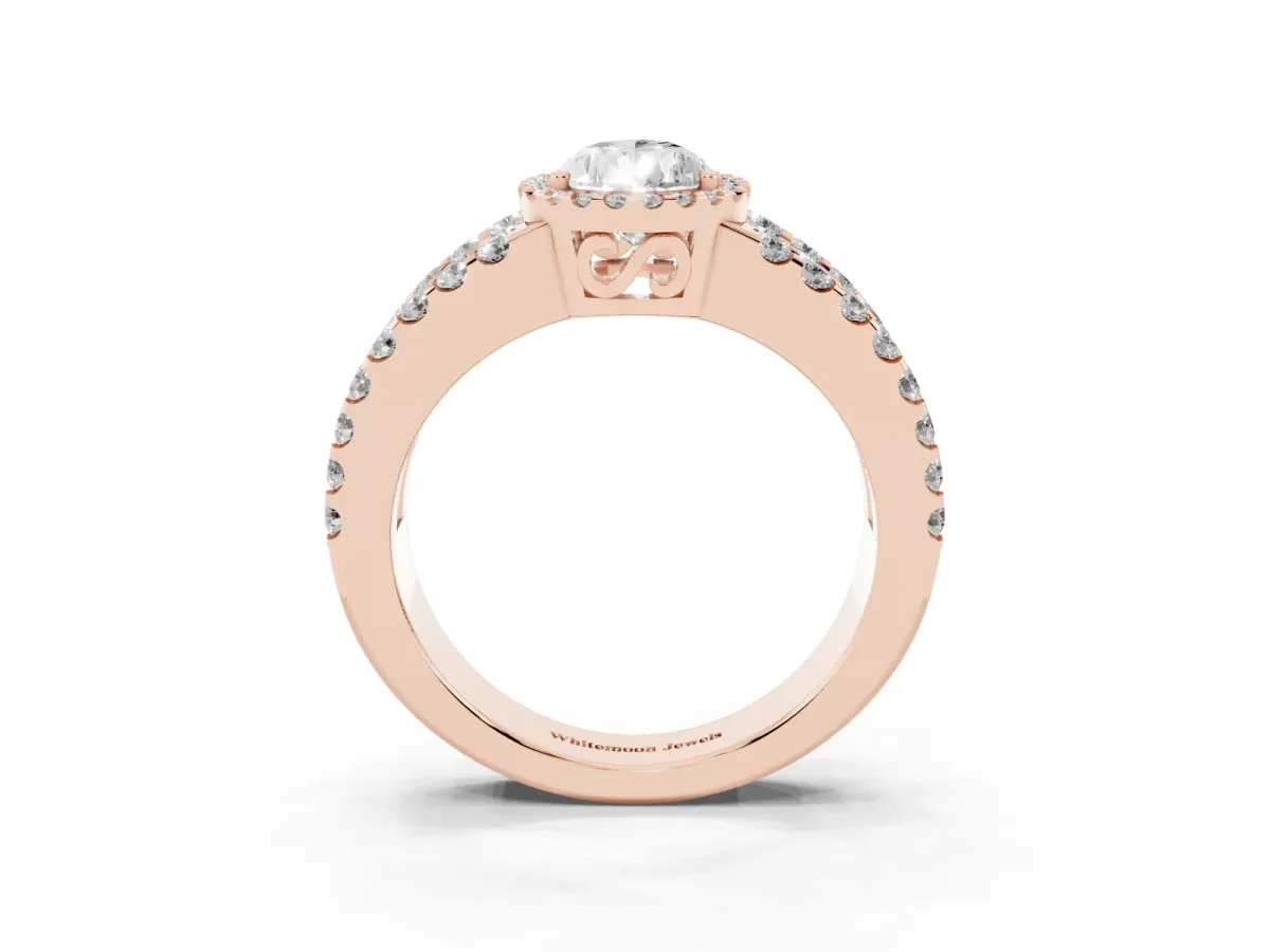 Pear Cut Cut Halo Split Shank Diamond Ring with Four-Prong Setting Rose gold
