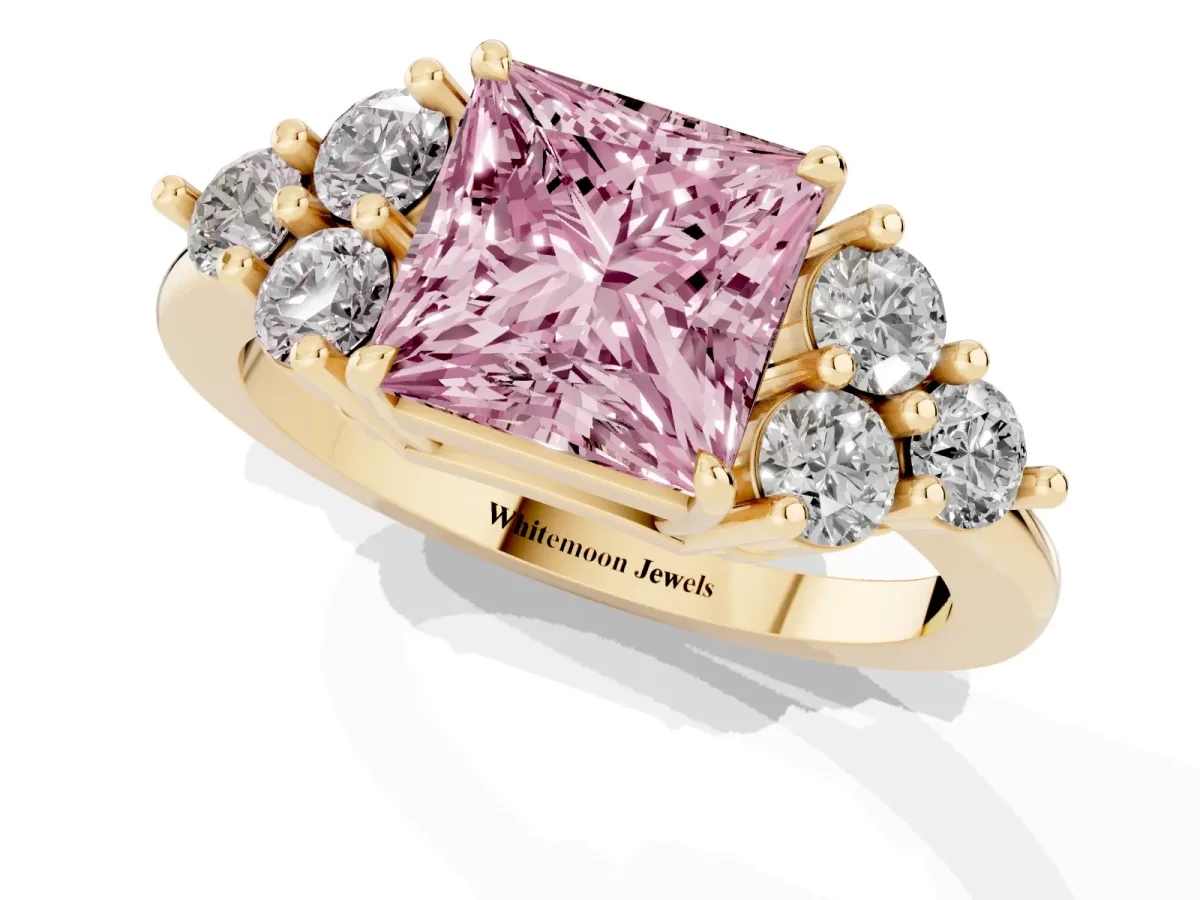 Fancy Pink Princess Cut Brilliant Diamond Cluster Accent Solitaire Ring with Prong Setting Yellow gold
