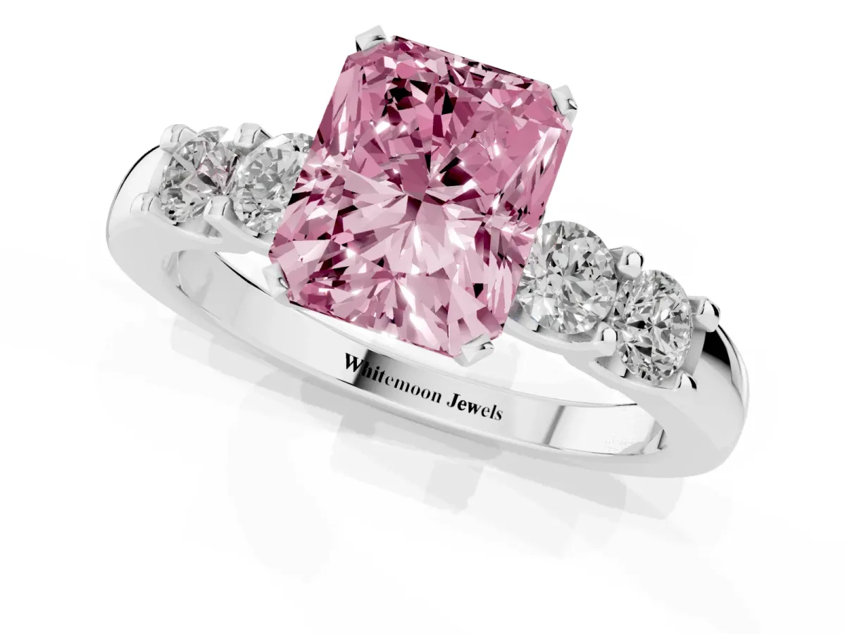 Fancy Pink Radiant Cut Brilliant Cut Diamond Five-Stone Prong Set Engagement Ring with Channel Band White gold