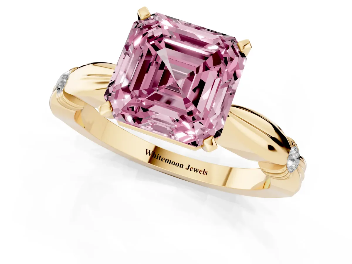 Fancy Pink Asscher Cut Solitaire Diamond Twisted Band with Four-Prong Setting Yellow gold