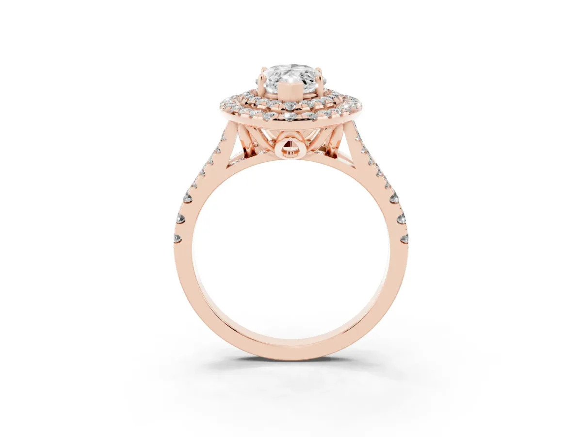 Double Halo Marquise Cut Diamond Pavé Split Shank Ring with Prong Setting Rose gold