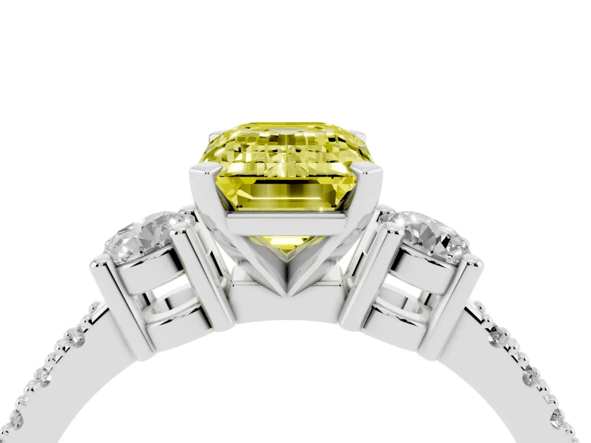 Fancy Yellow Emerald Cut Three-Stone Diamond Pavé Band with Prong Setting Platinum