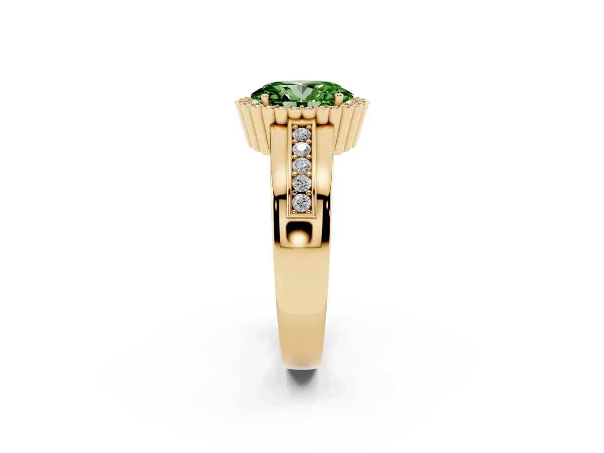Fancy Green Oval Cut Cut Halo Pave Band Four-Prong Ring Yellow gold