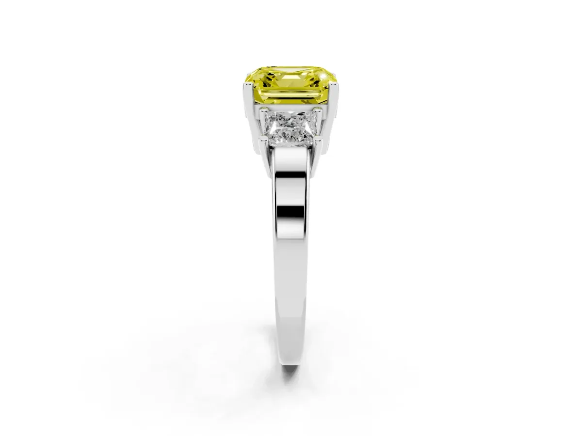 Fancy Yellow Three-Stone Asscher Cut Cut Solitaire Ring with Prong Setting Platinum