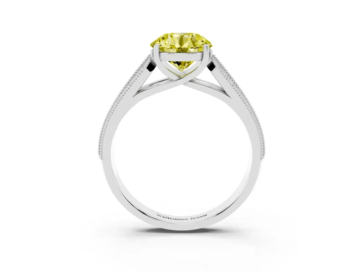 Fancy Yellow Round Cut Cut Pave Split Shank Engagement Ring with Four-Prong Setting White gold