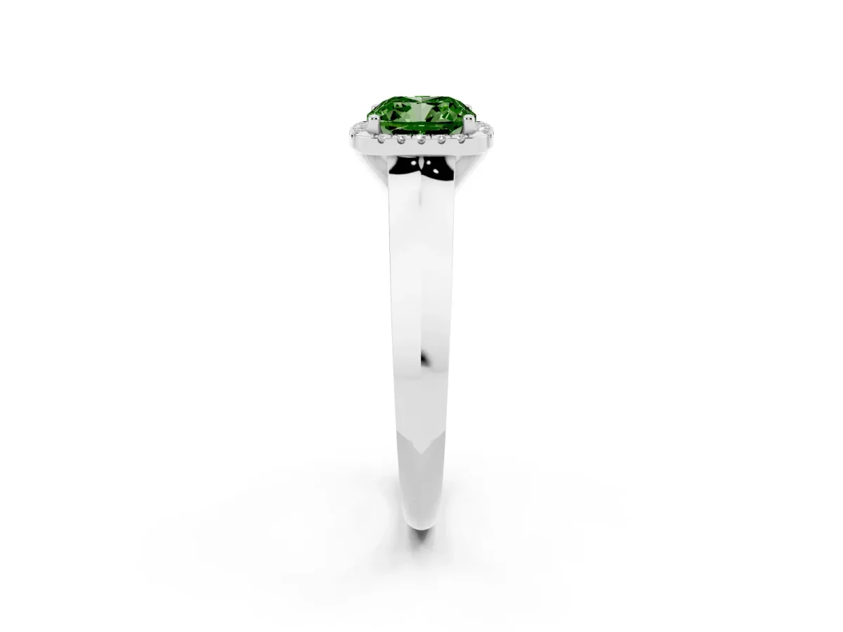 Fancy Green Cushion Cut Halo Diamond Ring with Cathedral Band and Four-Prong Setting Silver