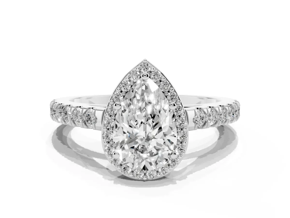 Pear Cut Cut Halo Diamond Engagement Ring with Pave Band and Four-Prong Setting Platinum