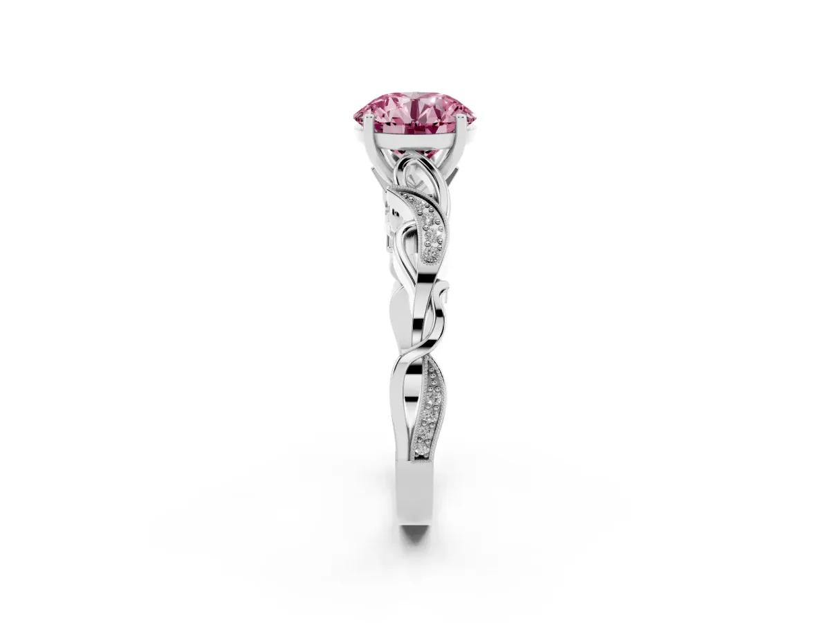 Fancy Pink Round Cut Solitaire Vine Band with Milgrain Prong Setting Silver