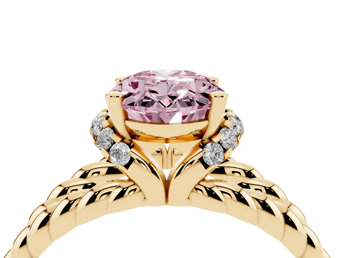 Fancy Pink Oval Cut Halo Twisted Band Four-Prong Ring Yellow gold