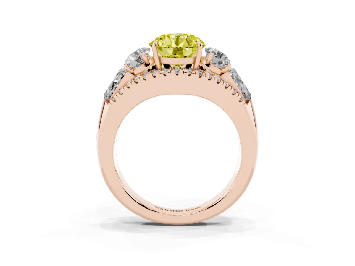 Fancy Yellow Three-Stone Round Cut Diamond Engagement Ring with Pave Band and Prong Setting Rose gold