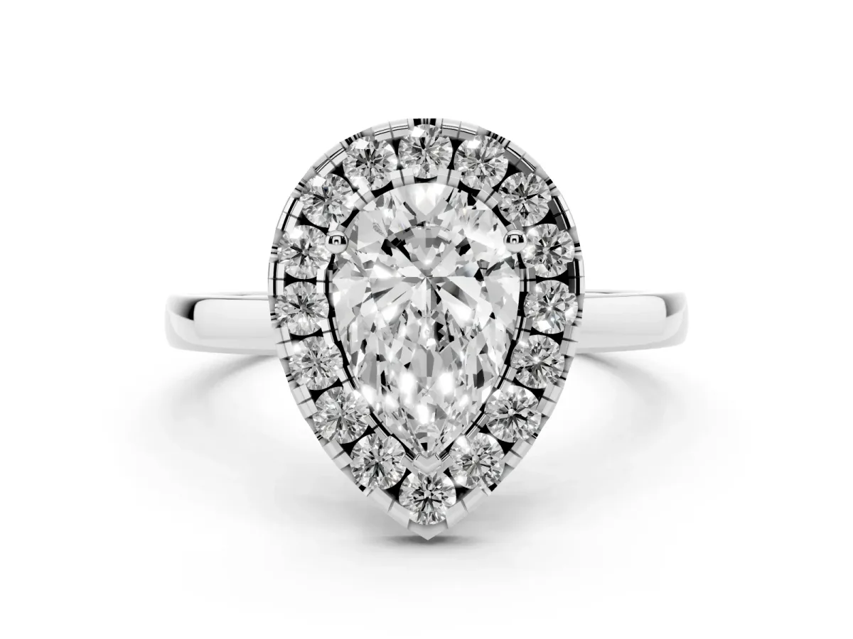 Pear Cut Halo Diamond Solitaire with Pavé Band and Four-Prong Setting Platinum