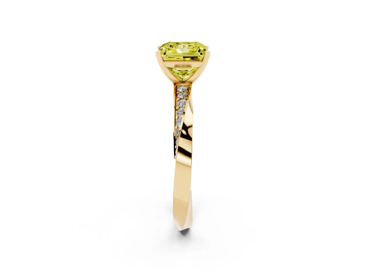 Fancy Yellow Princess Cut Diamond Engagement Ring with Side Stone Accents and Four-Prong Setting Yellow gold