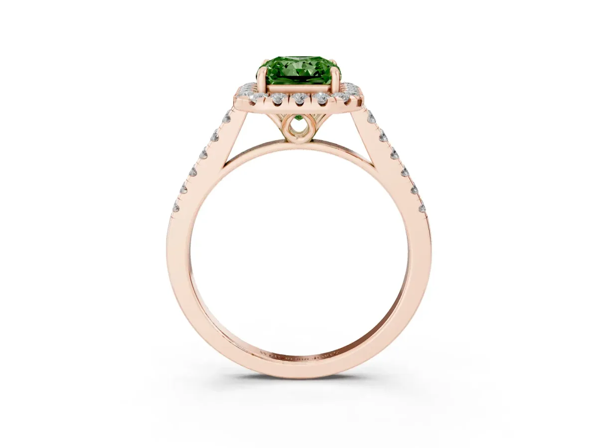 Fancy Green Radiant Cut Halo Pavé Diamond Engagement Ring with Four-Prong Setting Rose gold