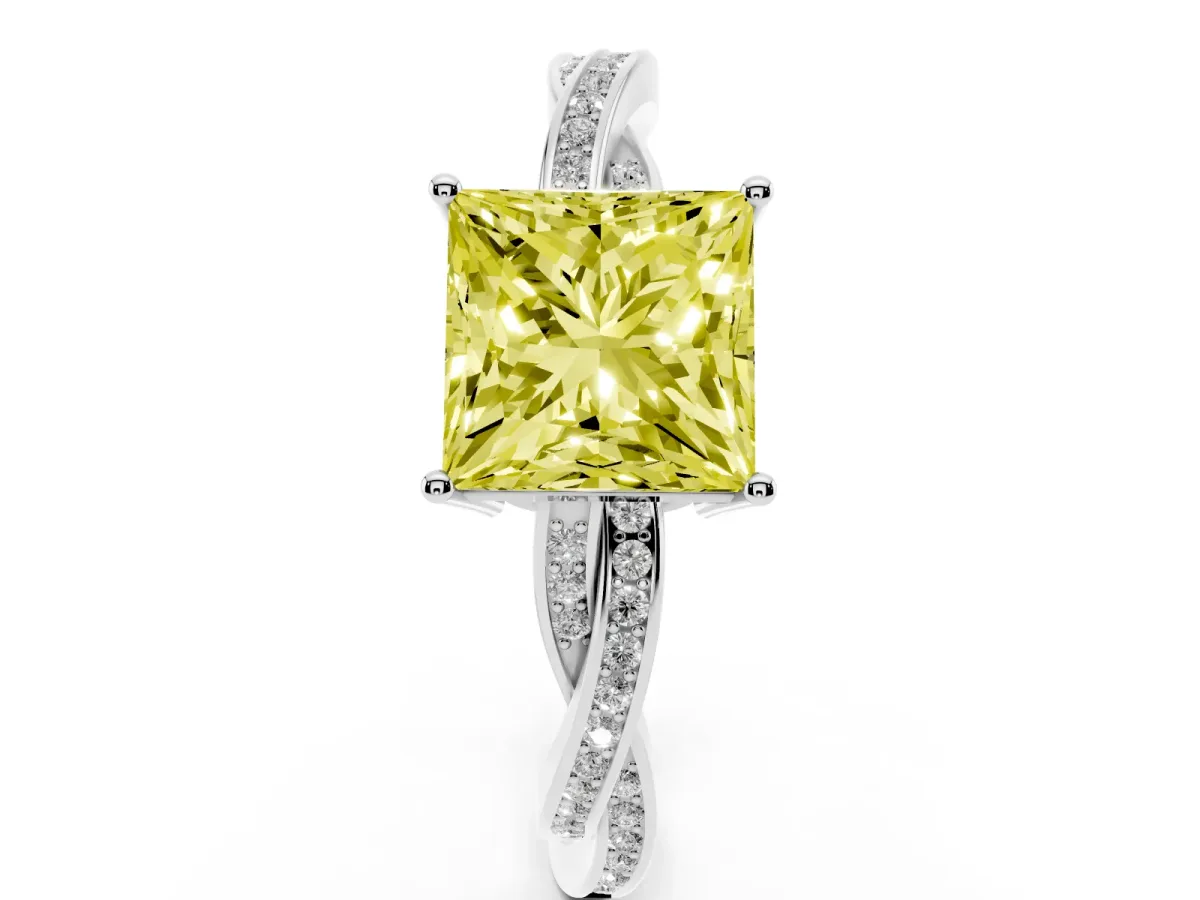Fancy Yellow Princess Cut Solitaire Twisted Pave Diamond Ring with Four-Prong Setting Silver