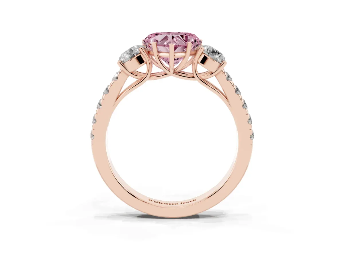 Fancy Pink Heart Cut Cut Diamond Three-Stone Ring with Round Side Stones and Pavé Band Rose gold