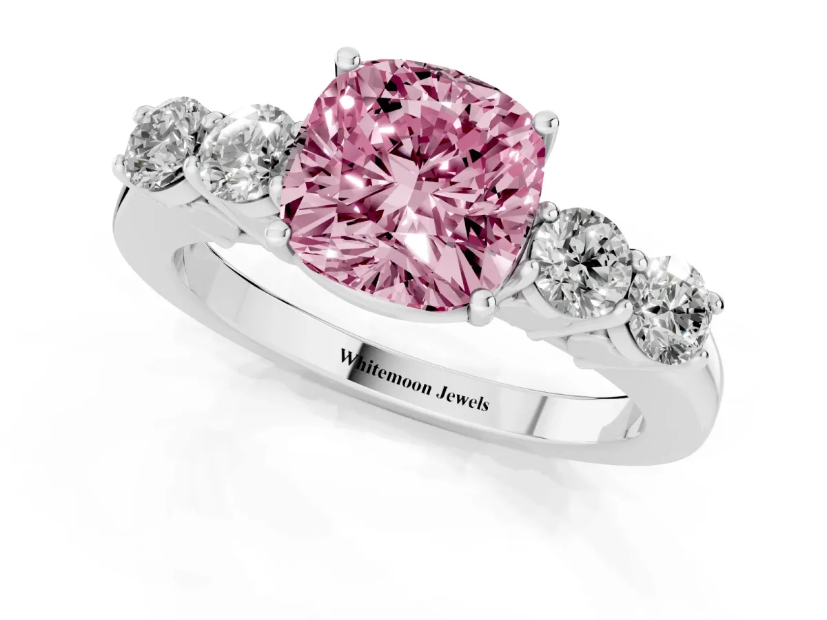 Fancy Pink Cushion Cut Cut Diamond Five-Stone Prong Set White Gold Ring Silver