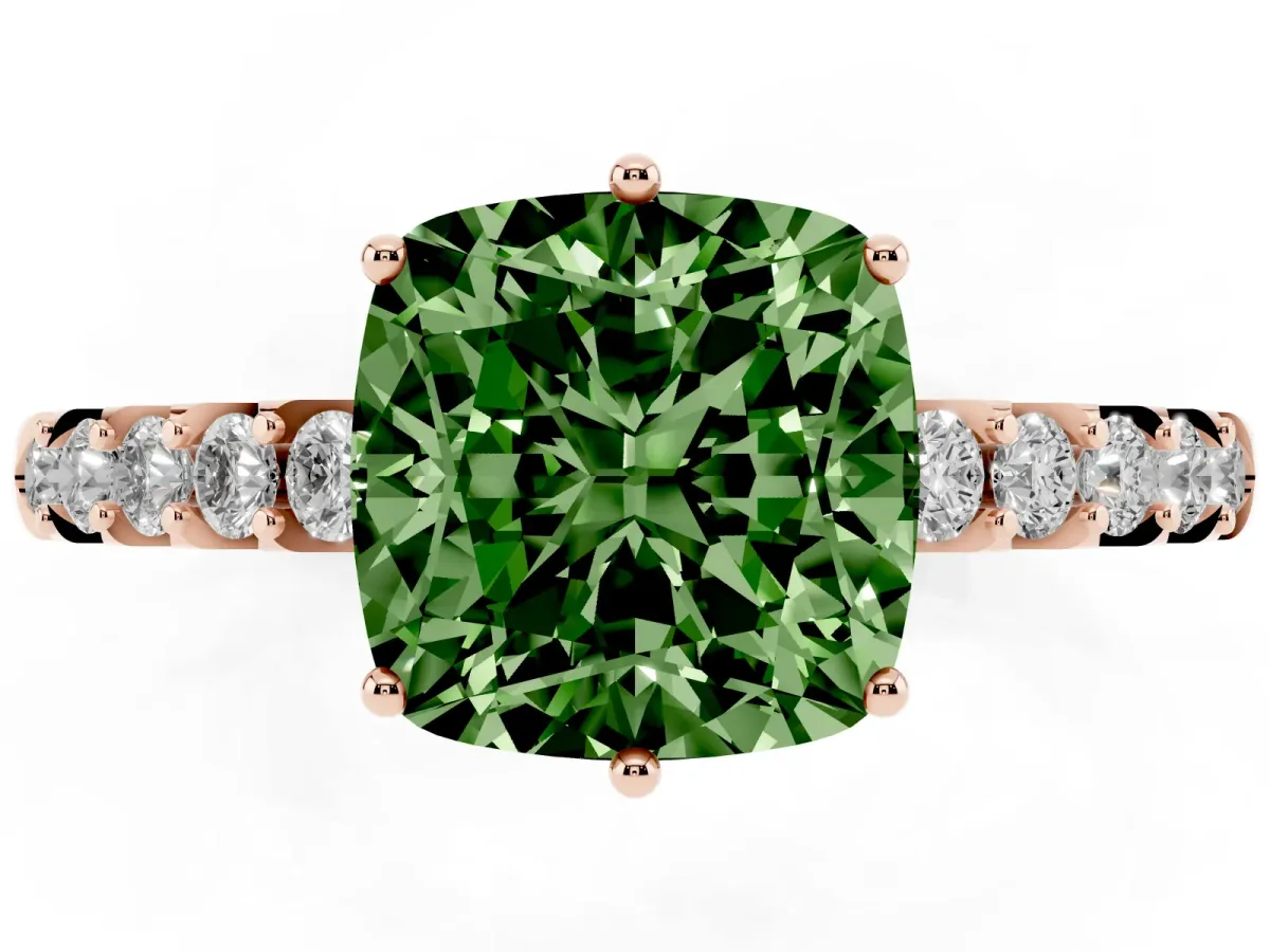 Fancy Green Cushion Cut Solitaire Diamond Engagement Ring with Pavé Band and Six-Prong Setting Rose gold