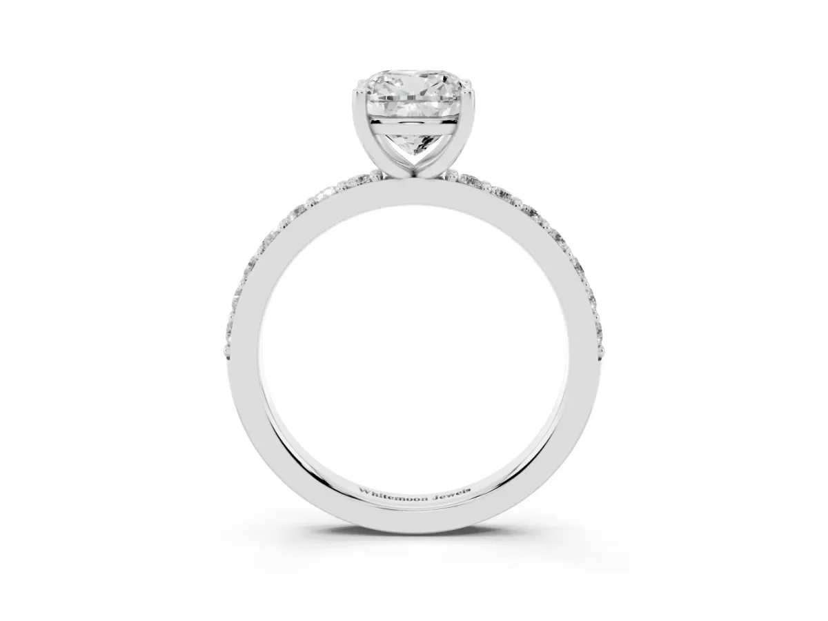 Cushion Cut Cut Diamond Solitaire with Pave Band and Four-Prong Setting Silver