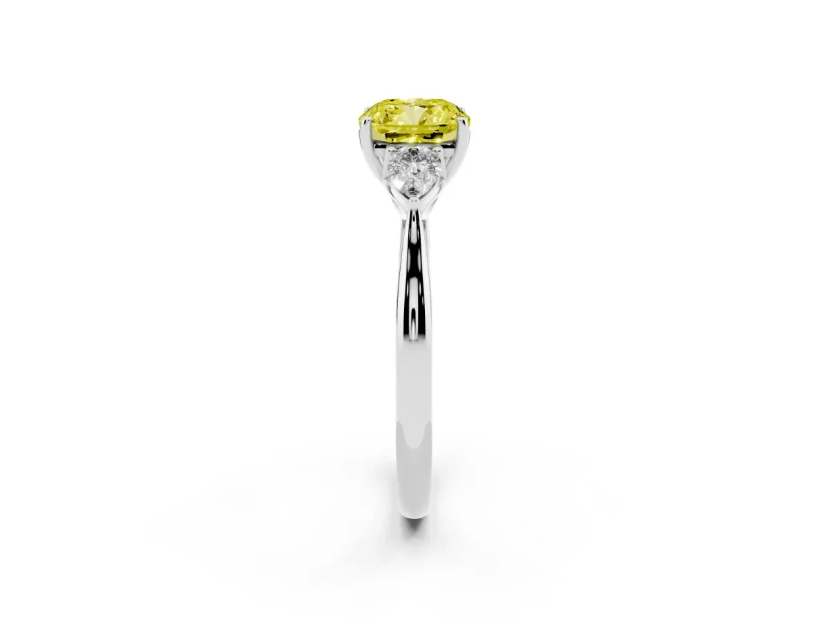 Fancy Yellow Cushion Cut Diamond Three-Stone Ring with Pear Side Stones and Prong Setting Platinum