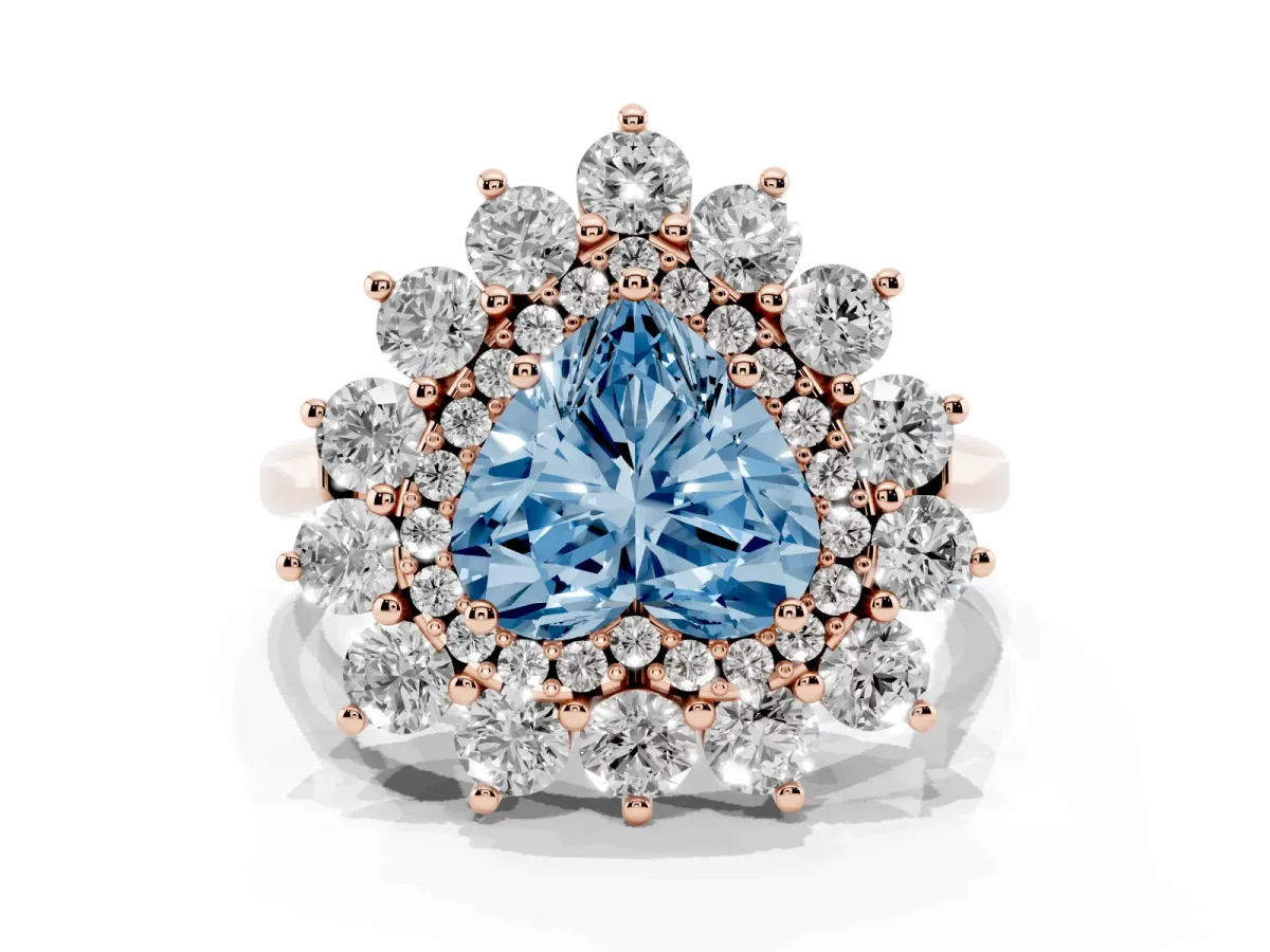 Fancy Blue Heart Cut Diamond Floral Double Halo Engagement Ring with Prong Setting Rose gold