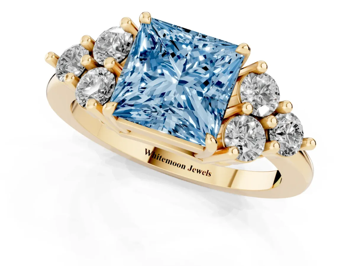 Fancy Blue Princess Cut Brilliant Diamond Cluster Accent Solitaire Ring with Prong Setting Yellow gold