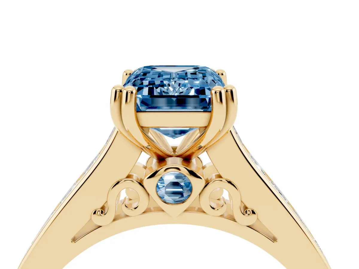 Fancy Blue Emerald Cut Cut Channel Set Solitaire Engagement Ring with Prong Setting Yellow gold