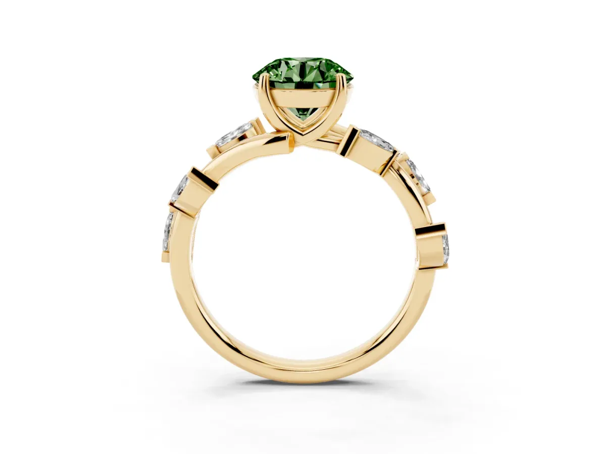 Fancy Green Round Cut Solitaire Twisted Band Marquise Accent Prong Setting Ring Yellow gold