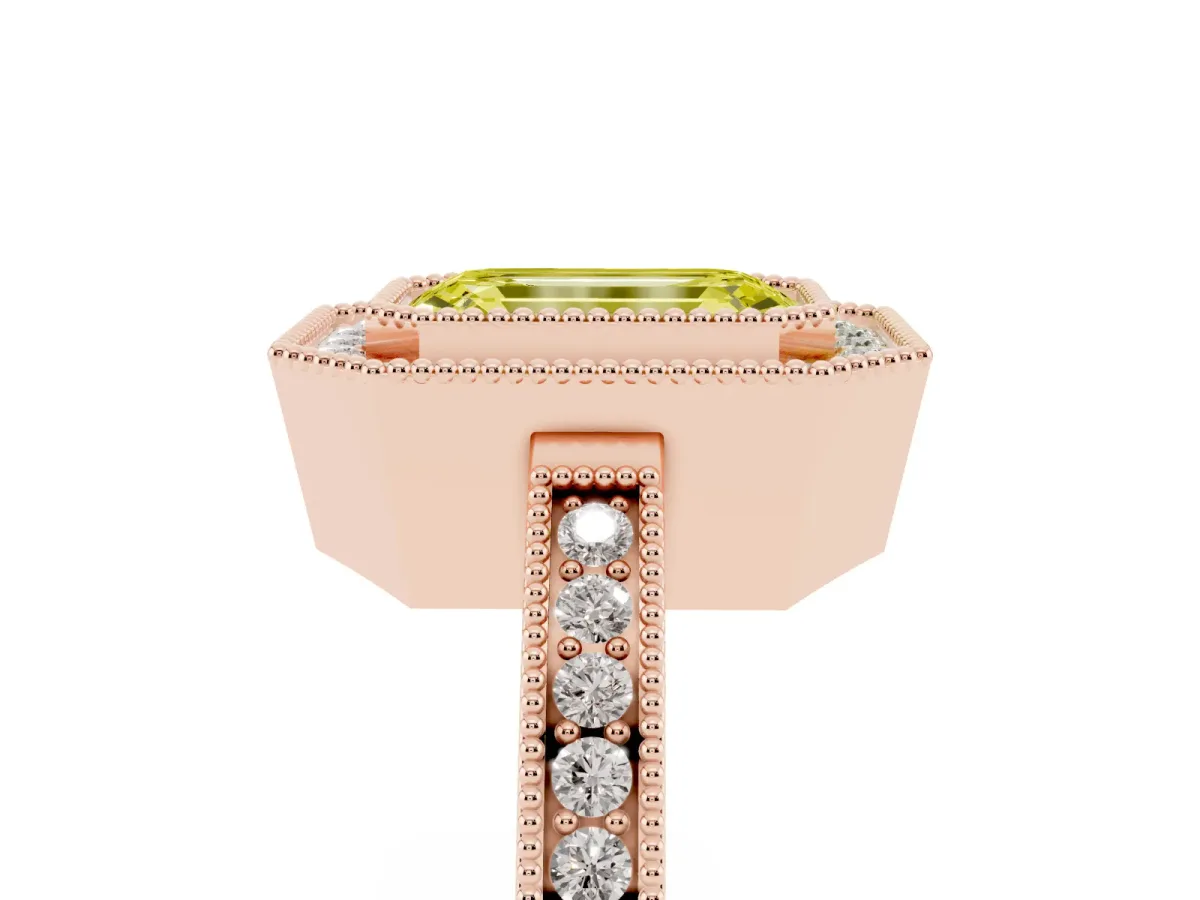 Fancy Yellow Emerald Cut Cut Halo Diamond Ring with Pavé Band and Milgrain Prong Setting Rose gold