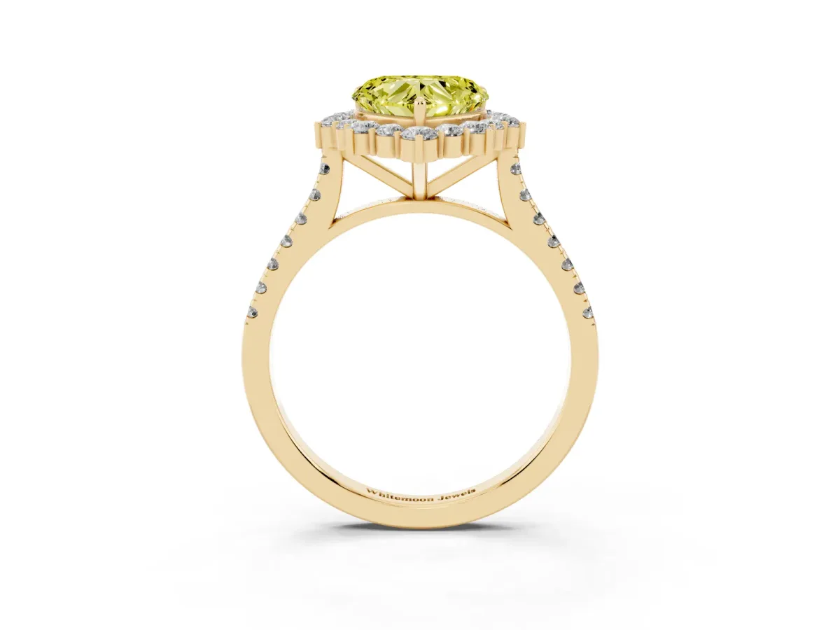 Fancy Yellow Heart Cut Halo Diamond Ring with Pavé Band and Prong Setting Yellow gold