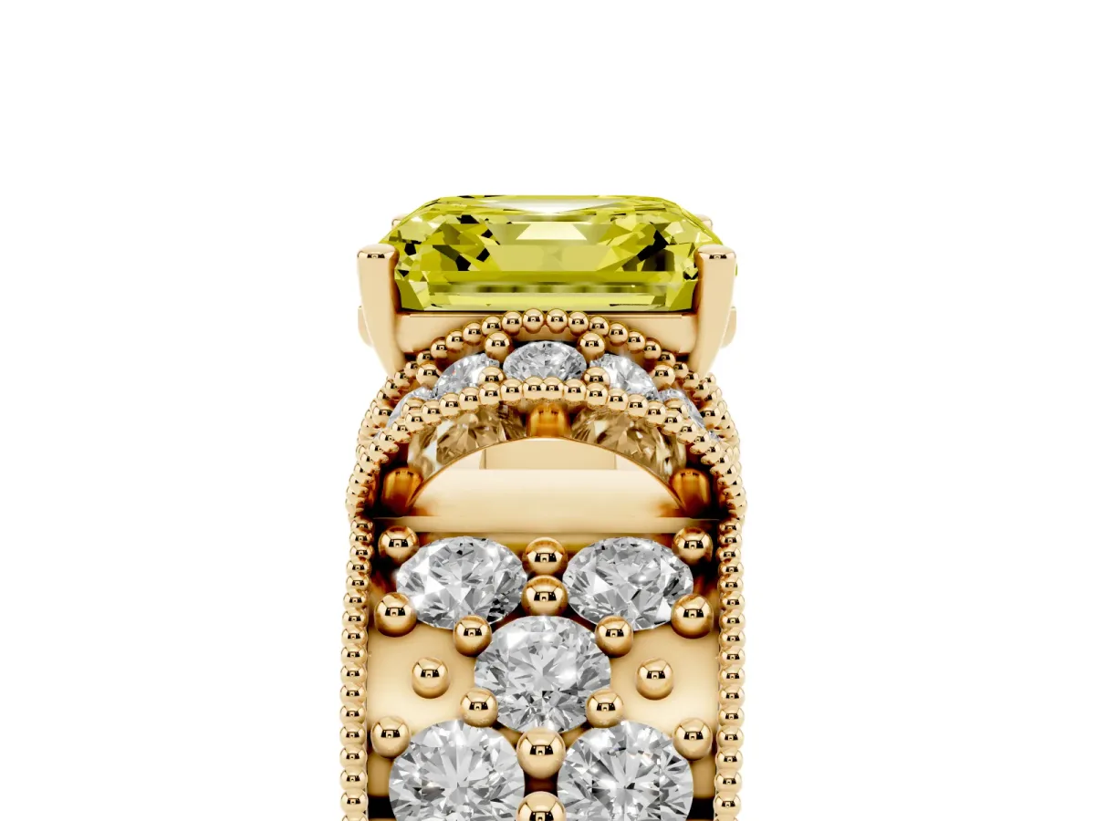 Fancy Yellow Asscher Cut Halo Pave Diamond Engagement Ring with Milgrain Detailing Yellow gold