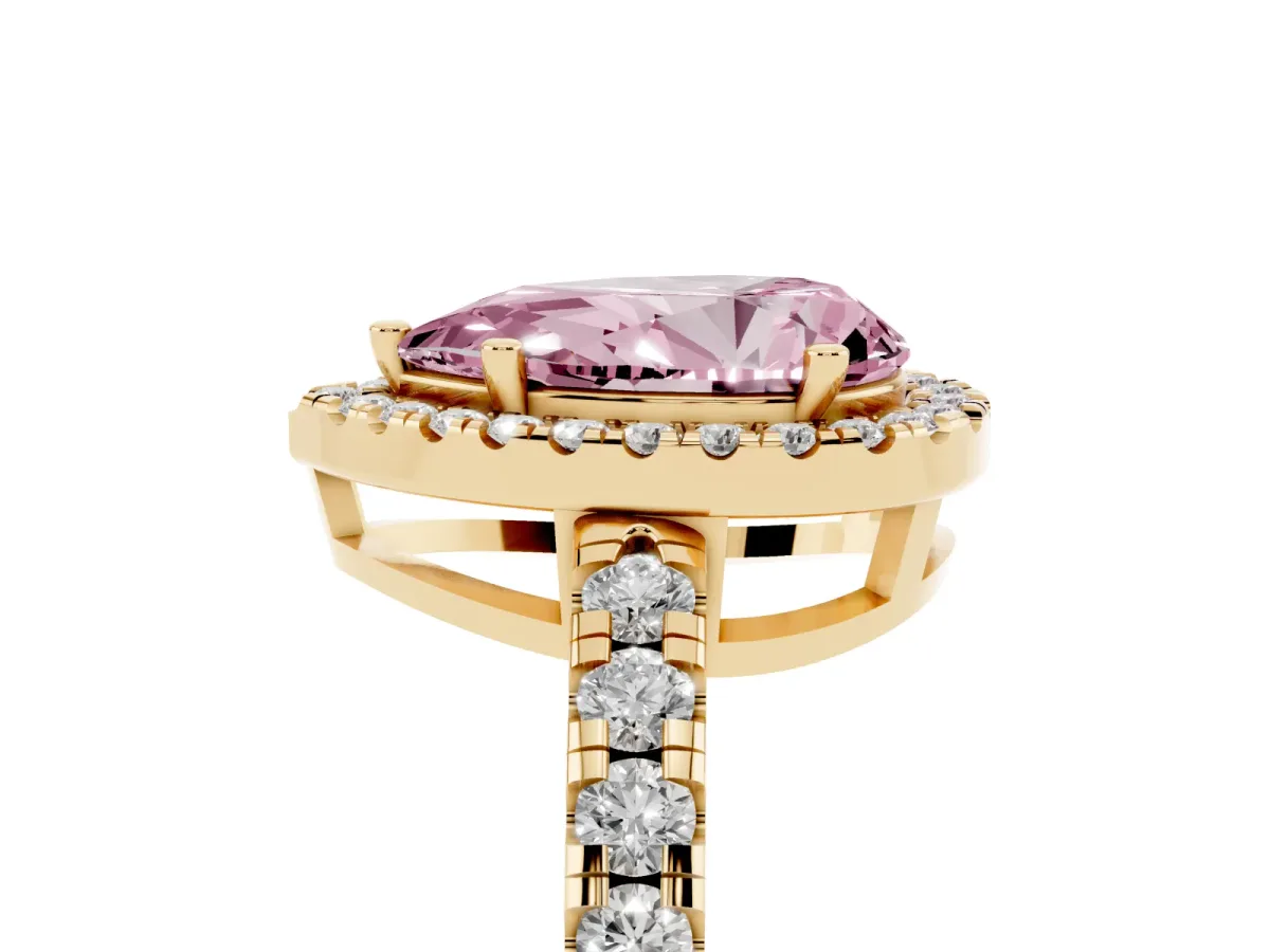 Fancy Pink Pear Cut Diamond Halo Ring with Pavé Band and Four-Prong Setting Yellow gold