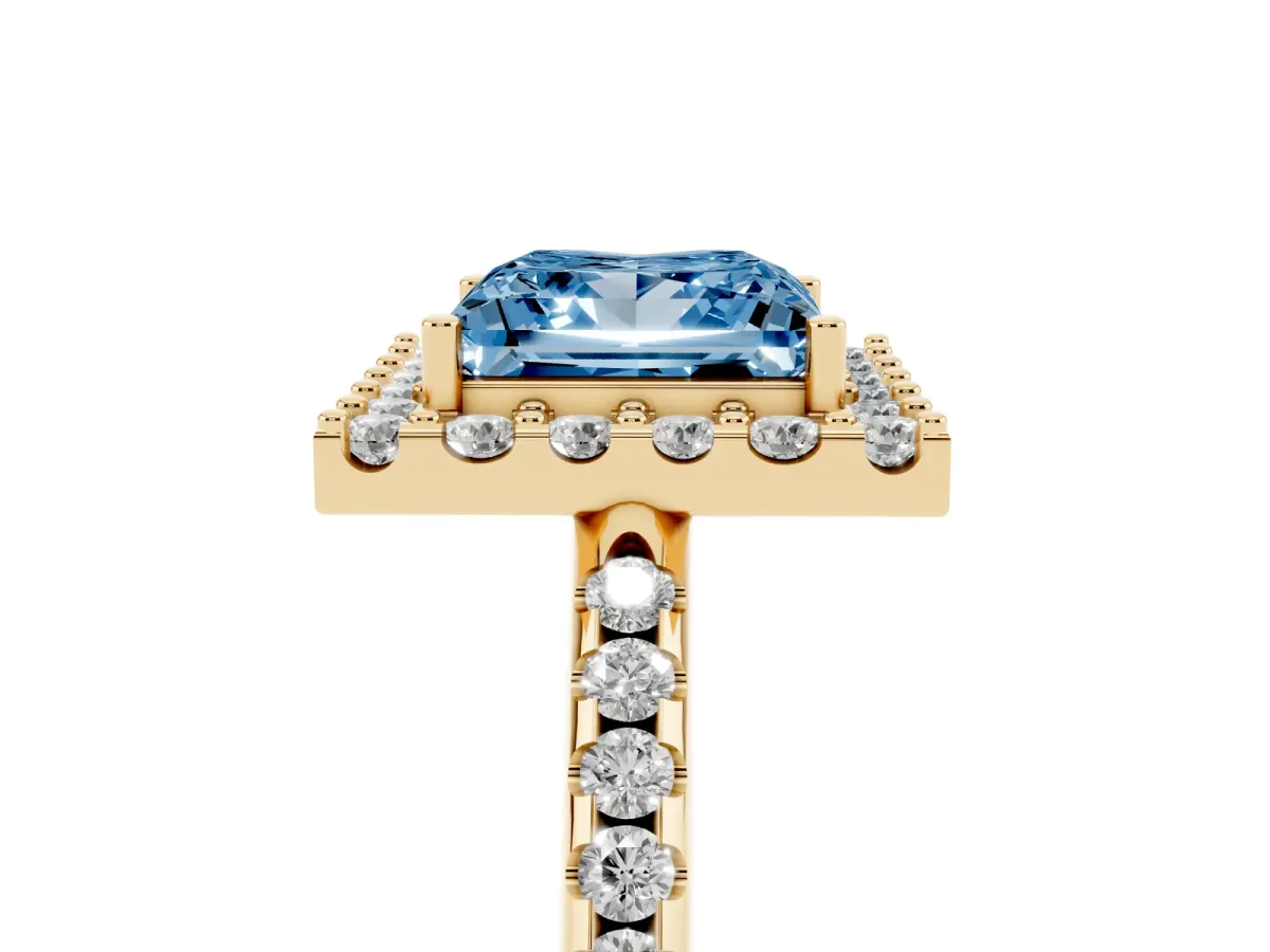 Fancy Blue Princess Cut Diamond Pavé Halo Ring with Four-Prong Setting Yellow gold