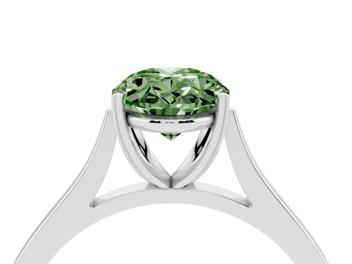 Fancy Green Oval Cut Solitaire Heart Prong Engagement Ring with Tapered Band White gold