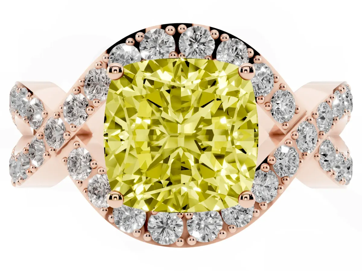 Fancy Yellow Cushion Cut Solitaire Twist Band Pavé Diamond Engagement Ring Rose gold