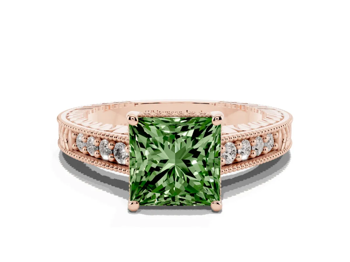 Fancy Green Princess Cut Solitaire Pavé Diamond Milgrain Engagement Ring with Four-Prong Setting Rose gold
