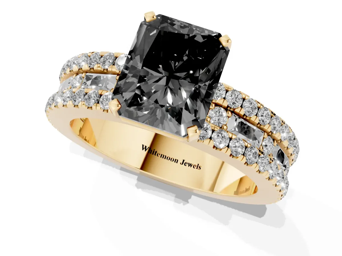 Fancy Black Radiant Cut Diamond Solitaire Ring with Pavé and Channel Set Band Yellow gold