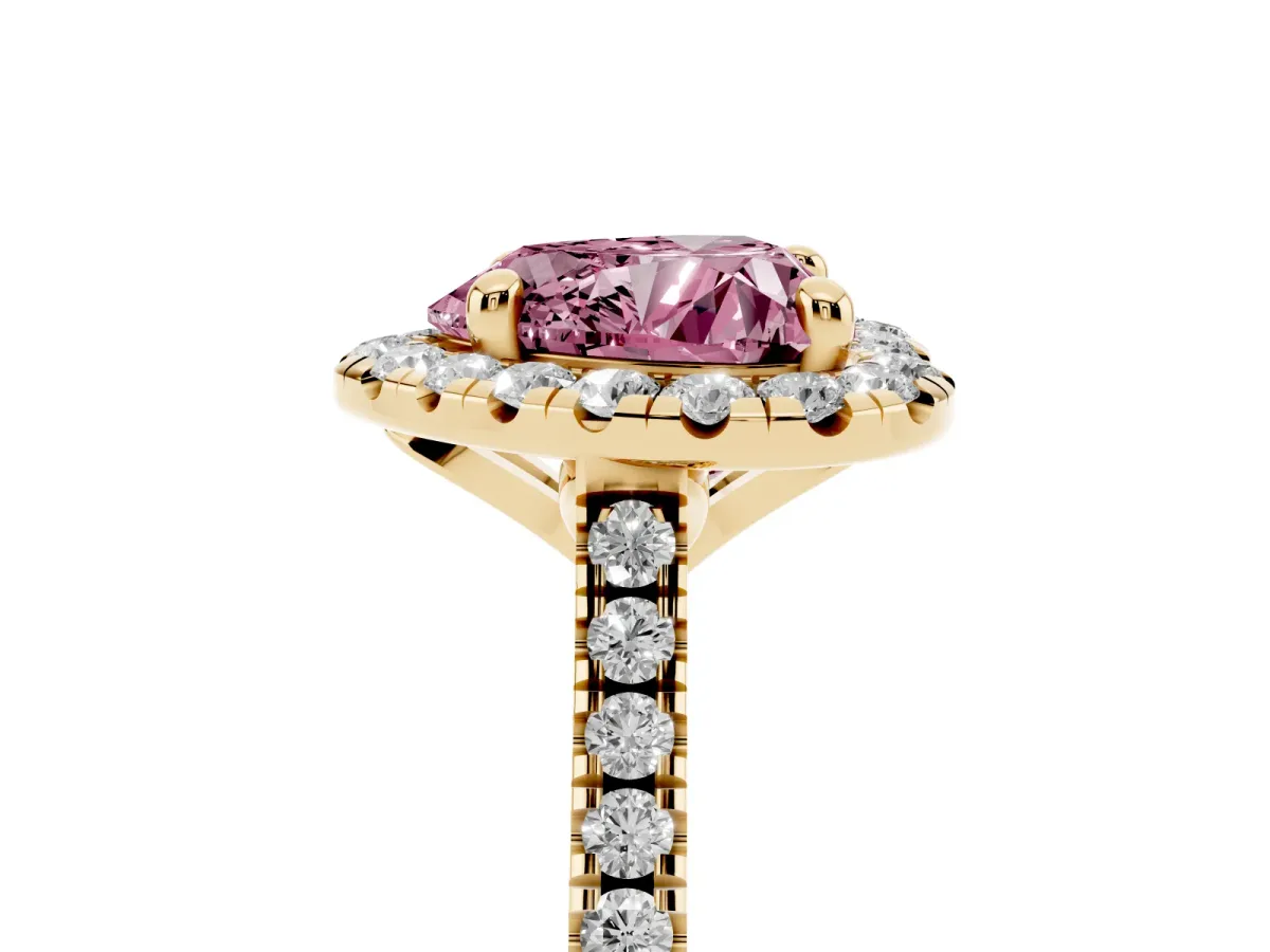 Fancy Pink Heart Cut Diamond Cushion Halo Ring with Pavé Band Yellow gold