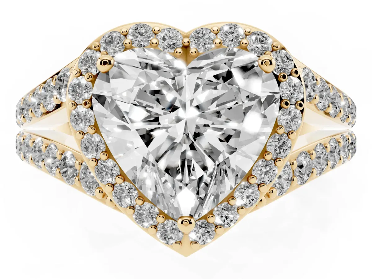 Heart Cut Diamond Split Shank Halo Ring with Four-Prong Setting Yellow gold