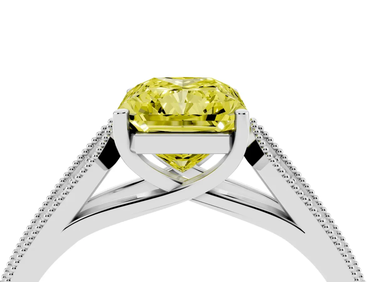 Fancy Yellow Radiant Cut Cut Pave Split Shank Engagement Ring with Four-Prong Setting Platinum