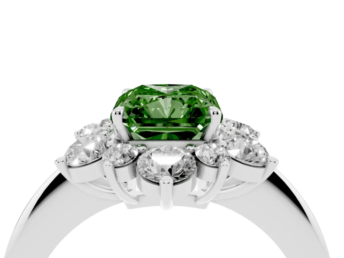 Fancy Green Radiant Cut Diamond Cluster Halo Ring with Solitaire Band and Four-Prong Setting Silver