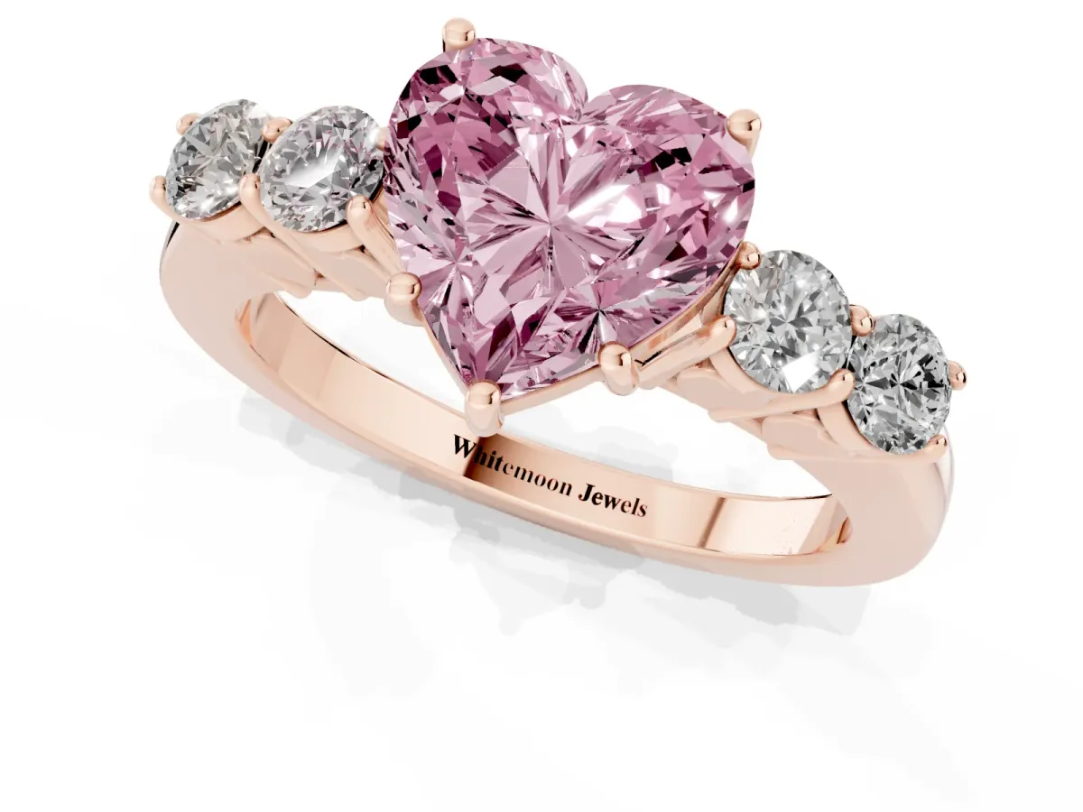 Fancy Pink Heart Cut Cut Diamond Five-Stone Prong Set White Gold Ring Rose gold