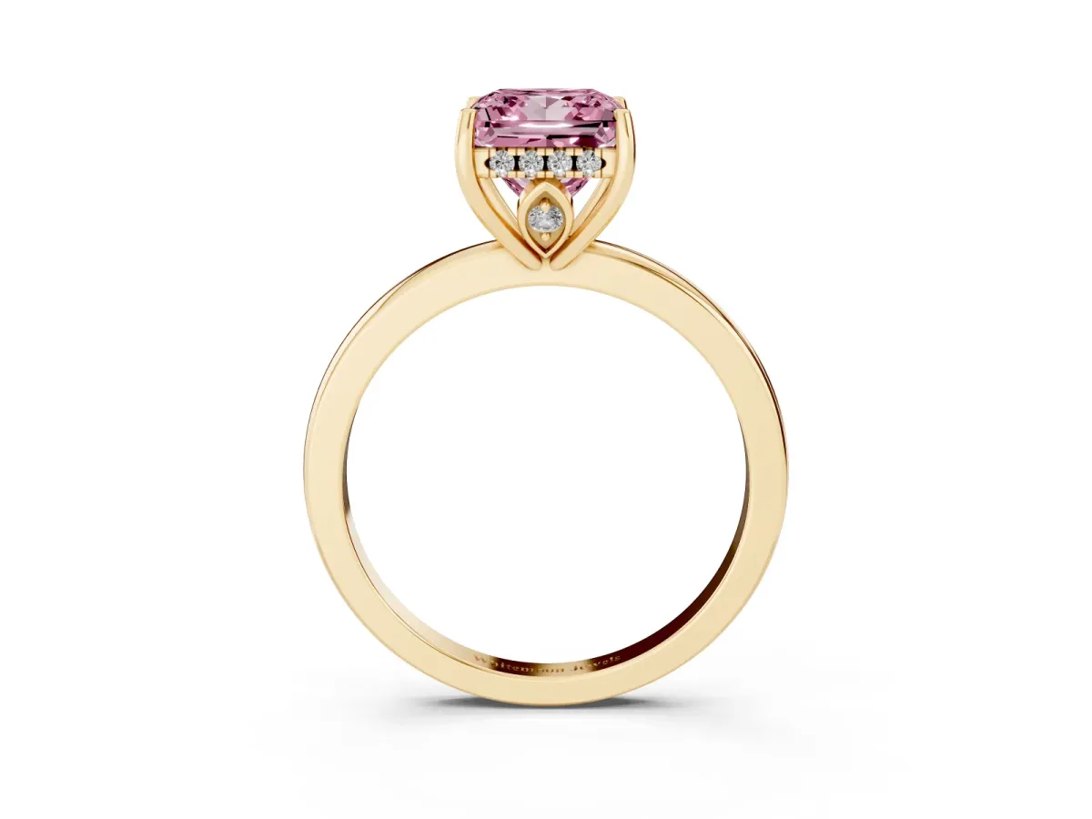 Fancy Pink Princess Cut Solitaire Diamond Ring with Prong Setting and Plain Band Yellow gold