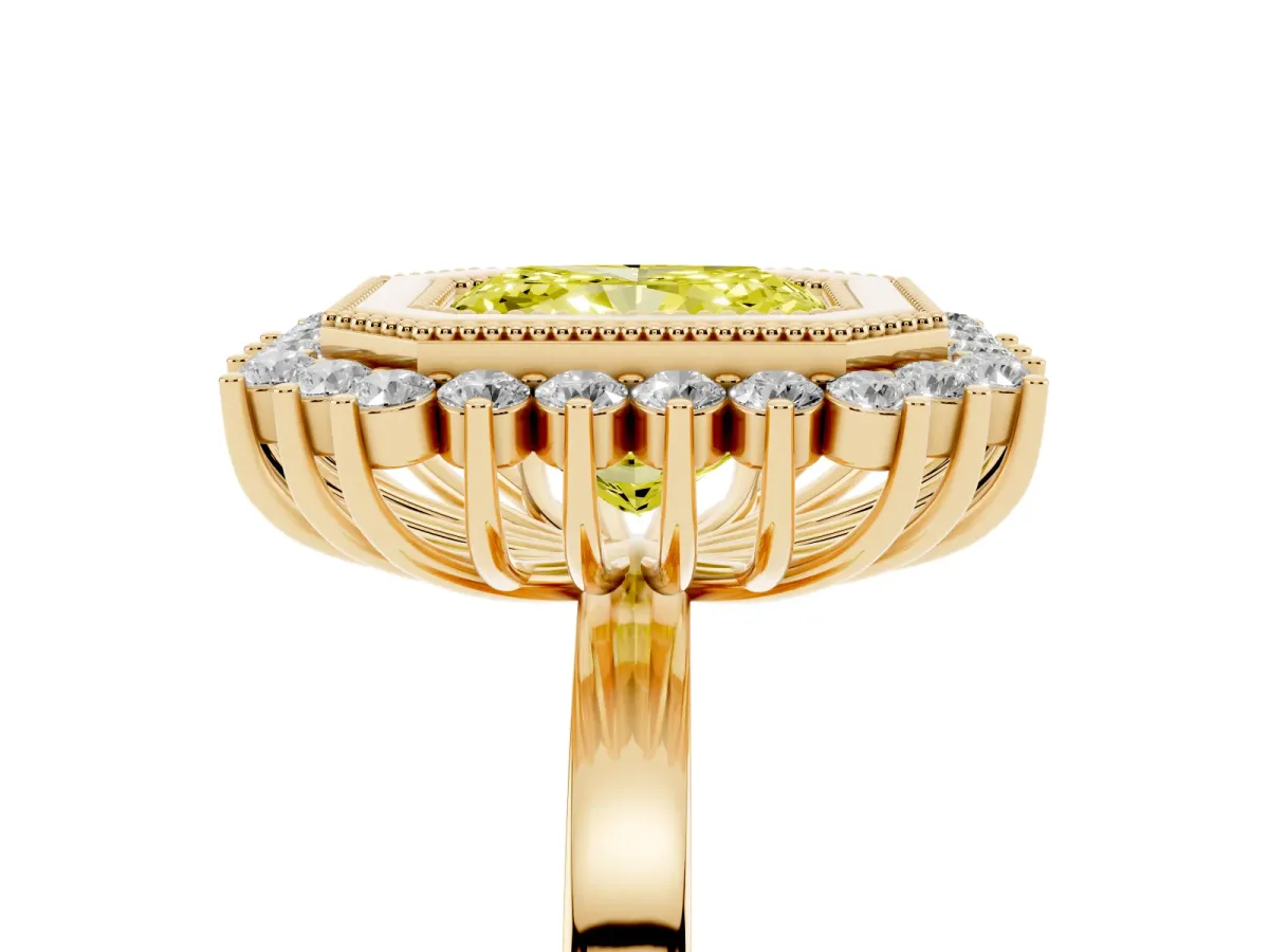 Fancy Yellow Radiant Cut Halo Diamond Ring with Milgrain Edge and Round Prong Setting Yellow gold