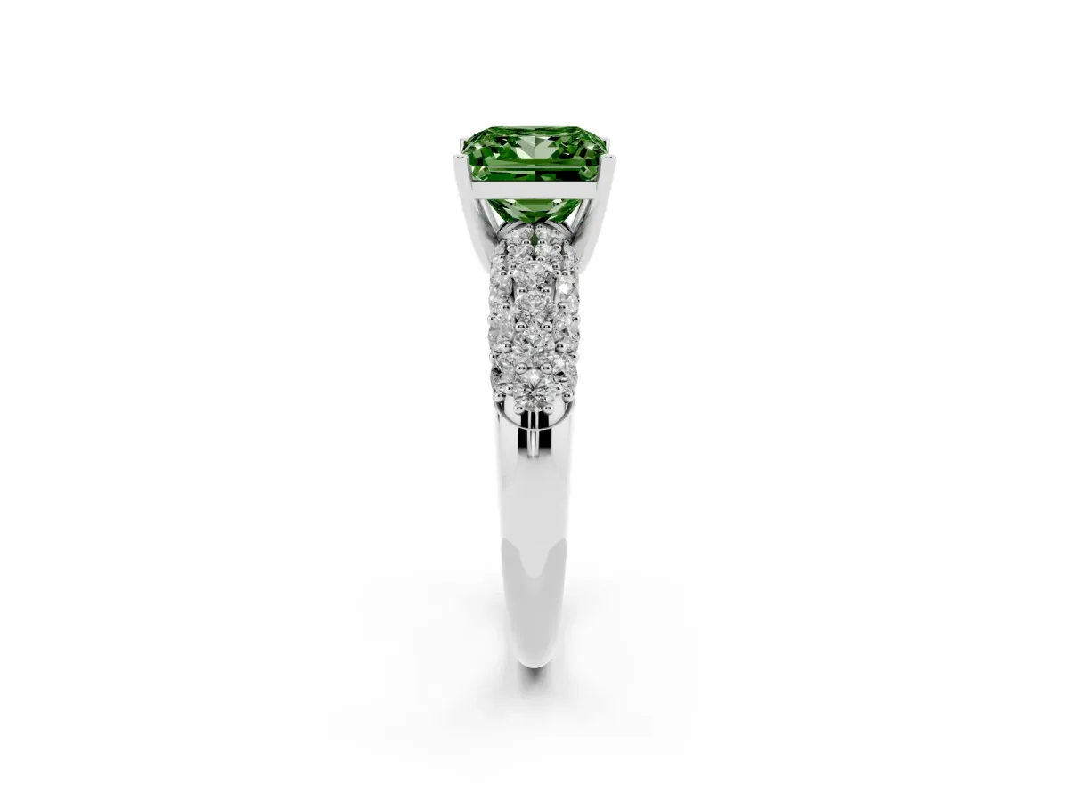 Fancy Green Princess Cut Diamond Pavé Band Solitaire Ring with Four-Prong Setting Silver