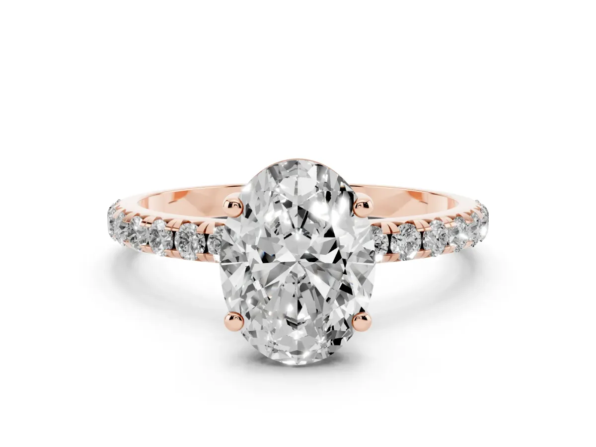 Oval Cut Cut Diamond Solitaire Ring with Micro Pave Band and Four Prong Setting Rose gold