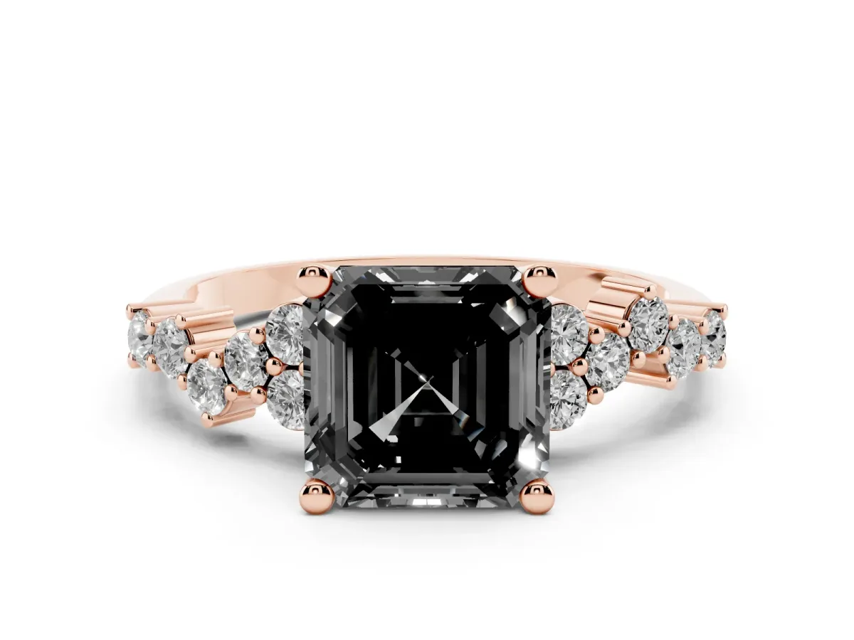 Fancy Black Asscher Cut Diamond Scattered Round Accent Ring with Prong Setting Rose gold