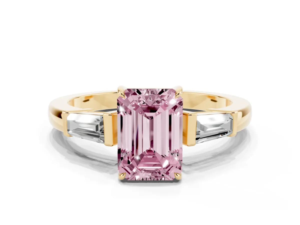 Fancy Pink Emerald Cut Diamond Three-Stone Ring with Tapered Baguette Side Stones and Prong Setting Yellow gold